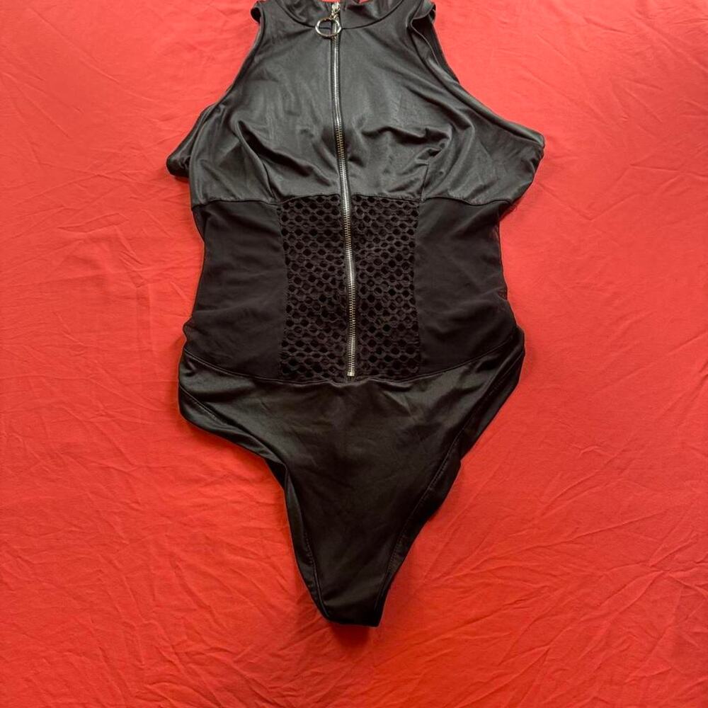 Music legs lingerie black bodysuit with mesh panel and zipper- Size M